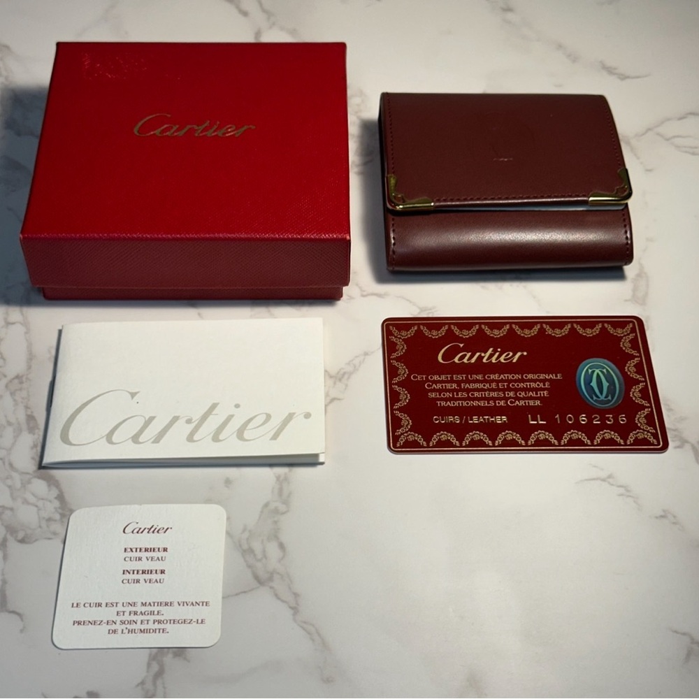 Cartier Must De Cartier Folding Coin Wallet Bordeaux Calf Skin Leather w/ Box